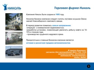 Торговая фирма Николь
3
Компания Николь была создана в 1995 году.
Началом бизнеса компании следует считать поставки на рынок Омска
свечей Новосибирского лампового завода.
В период развития появились новые направления:
-операции с коммерческой недвижимостью;
-разработка установки, позволяющей увеличить добычу нефти на 10-
15% в течение года;
- производство лущённого кедрового ореха.
Приоритетным и главным бизнесом компании является
оптовая и розничная продажа автокомпонентов.
В прайсе Компании
запчасти для автомобилей ВАЗ, ГАЗ, УАЗ,
автоаксессуары, автохимия,
автомасла, аккумуляторы,
шины, диски.
 