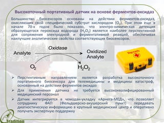 Высокоточный портативный датчик на основе ферментов-оксидаз
Большинство биосенсоров основаны на действии ферментов-оксидаз,
окисляющих свой специфический субстрат кислородом (О2). При этом еще в
начале 70-х годов было показано, что электро-химическая детекция
образующегося пероксида водорода (Н2О2) является наиболее перспективной
для сопряжения электродной и ферментативной реакций, обеспечивая
наилучшие аналитические свойства соответствующих биосенсоров.
Analyte Oxidized
Analyte
O H O2 2 2
Oxidase
 Перспективным направлением является разработка высокоточного
портативного биосенсора для телемедицины и медицины катастроф,
основанный на действии ферментов оксидаз
 Для применения датчика не требуется высококвалифицированный
медицинский персонал
 Датчик интегрируется в чемодан-укладку «Арнега-МЕД», что позволяет
сотруднику ФАП передавать диагностическую информацию в крупный
медицинский центр и оперативно получать экспертную поддержку
 