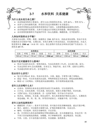 2-7 水和饮料 关系健康
为什么说水是生命之源？
 水是构成身体的主要成分，老年人水占体重的比率是：女性 46 % ；男性 52 % 。
 水参与人体内新陈代谢，所有的生化反应都依赖于水才能进行。
 水将营养物质运送到身体所需要的各个部位，又将废物通过尿液排出体外。
 水对体温调节很重要，人体可以通过出汗消耗过多的能量，维持体温恒定。
 水对重要的脏器和关节起保护作用（如心包膜液、胸膜腔液、关节腔液等）。
人体如何保持水分平衡？
人体每天由皮肤、呼吸、粪便、尿液排出 2500 毫升水分, 因此必须从食物、饮水中补充
同量的水分以保持平衡。长期以来，有每天要喝 8 杯水的说法。其实确切的说，应是人
体需要补充 2500 ml （8-10 杯）水分，除去食物中含的水分和体内代谢产生的水分，只
需饮水 4-5 杯。
水的排出 水的来源
皮肤 呼吸 粪便 尿液 共计 食物 饮水 代谢水 共计
500 ml 350 ml 150 ml 1500 ml 2500 ml 1000 ml 1200 ml 300 ml 2500 ml
饮水不足对健康有什么影响？
 饮水不足或失水过多，使体内缺水。失水达体重的 2 % 时，会出现口渴、尿少；
 失水达体重 10 % 会出现烦躁、全身无力、体温升高、血压下降、皮肤失去弹性；
 失水超过体重 20 % 时，会引起死亡。
饮水有什么讲究？
 每天至少喝 4-5 杯水。饮水应该多次、少量、随意，不要等口渴了再喝水。
 晨起一杯水，可以补充夜间由皮肤、呼吸和排尿丢失的水份，降低血液粘稠度。
 睡前 1-2 小时喝水，可降低夜间血液粘稠度，但不致增加夜尿次数。
老年人应该喝什么水？
 自来水：美国的自来水是达到饮用水的卫生标准的，可以直接饮用。
 白开水：自来水煮沸，可以杀菌、软化水质、保留大多数矿物质，经济实惠。
 天然矿泉水：经过无菌处理，含一定的矿物质，但不如白开水经济。
 纯净水、蒸馏水：在杀菌、纯化过程中，将人体需要的矿物质也去除了，长期饮用
易造成氟、钾、钙、镁、铁、锌等营养素缺乏，对健康不利，实不可取。
老年人如何选择饮料？
 碳酸饮料（汽水）：基本不含营养素，但可能含有较多糖和能量，建议尽量少喝。
 果汁、蔬菜汁：可以提供少量维生素、矿物质和膳食纤维，有益无害。
 咖啡：可以提神，但因含有咖啡因，不宜多饮。
 茶：含多种对人体有益的植物化学物及微量元素，对人体健康有益, 但也含有一些
不利于营养素吸收的物质，如鞣酸、单宁和咖啡因等。建议喝淡茶，勿过量。
 牛奶、豆浆：含丰富的蛋白质和钙，有益健康，值得推荐。
15
 