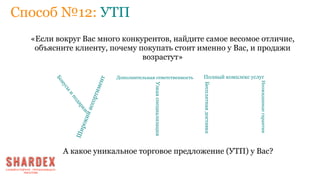 Способ №12: УТП
«Если вокруг Вас много конкурентов, найдите самое весомое отличие,
объясните клиенту, почему покупать стоит именно у Вас, и продажи
возрастут»
Широкийассортимент
Узкаяспециализация
Бонусы
и
подарки
Бесплатнаядоставка
Полный комплекс услуг
Неожиданныегарантии
Дополнительная ответственность
А какое уникальное торговое предложение (УТП) у Вас?
 