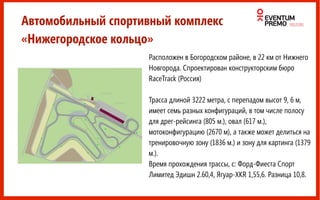 Расположен в Богородском районе, в 22 км от Нижнего
Новгорода. Спроектирован конструкторским бюро
RaceTrack (Россия)
Трасса длиной 3222 метра, с перепадом высот 9, 6 м,  
имеет семь разных конфигураций, в том числе полосу
для дрег-рейсинга (805 м.), овал (617 м.),
мотоконфигурацию (2670 м), а также может делиться на
тренировочную зону (1836 м.) и зону для картинга (1379
м.).
Время прохождения трассы, с: Форд-Фиеста Спорт
Лимитед Эдишн 2.60,4, Ягуар-XKR 1,55,6. Разница 10,8.
Автомобильный спортивный комплекс
«Нижегородское кольцо»
 