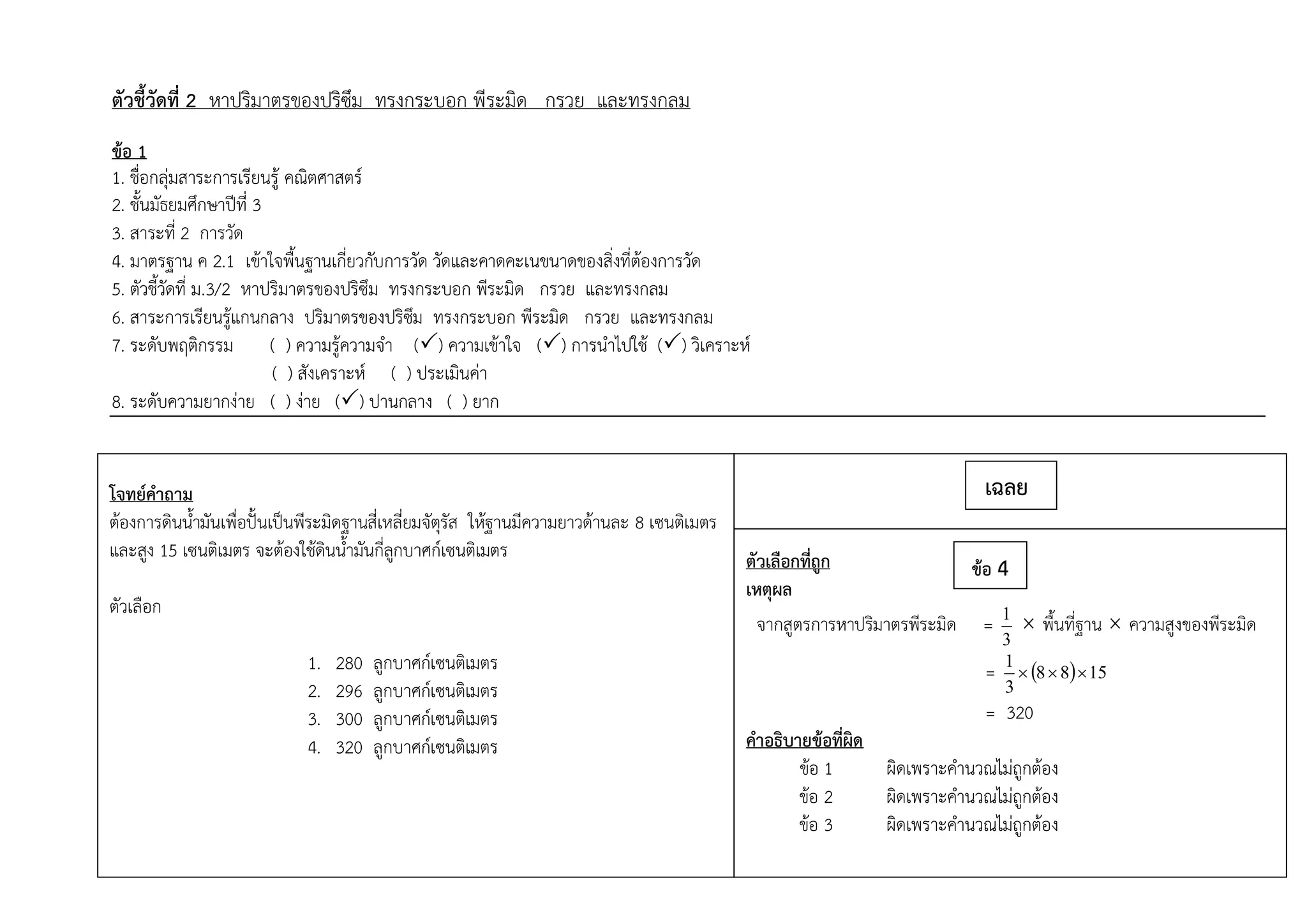 ตัวชี้วัดที่ 2 หาปริมาตรของปริซึม ทรงกระบอก พีระมิด กรวย และทรงกลม
ข้อ 1
1. ชื่อกลุ่มสาระการเรียนรู้ คณิตศาสตร์
2. ชั้นมัธยมศึกษาปีที่ 3
3. สาระที่ 2 การวัด
4. มาตรฐาน ค 2.1 เข้าใจพื้นฐานเกี่ยวกับการวัด วัดและคาดคะเนขนาดของสิ่งที่ต้องการวัด
5. ตัวชี้วัดที่ ม.3/2 หาปริมาตรของปริซึม ทรงกระบอก พีระมิด กรวย และทรงกลม
6. สาระการเรียนรู้แกนกลาง ปริมาตรของปริซึม ทรงกระบอก พีระมิด กรวย และทรงกลม
7. ระดับพฤติกรรม ( ) ความรู้ความจา () ความเข้าใจ () การนาไปใช้ () วิเคราะห์
( ) สังเคราะห์ ( ) ประเมินค่า
8. ระดับความยากง่าย ( ) ง่าย () ปานกลาง ( ) ยาก
โจทย์คาถาม
ต้องการดินน้ามันเพื่อปั้นเป็นพีระมิดฐานสี่เหลี่ยมจัตุรัส ให้ฐานมีความยาวด้านละ 8 เซนติเมตร
และสูง 15 เซนติเมตร จะต้องใช้ดินน้ามันกี่ลูกบาศก์เซนติเมตร
ตัวเลือก
1. 280 ลูกบาศก์เซนติเมตร
2. 296 ลูกบาศก์เซนติเมตร
3. 300 ลูกบาศก์เซนติเมตร
4. 320 ลูกบาศก์เซนติเมตร
ตัวเลือกที่ถูก
เหตุผล
จากสูตรการหาปริมาตรพีระมิด =
3
1
 พื้นที่ฐาน  ความสูงของพีระมิด
=   1588
3
1

= 320
คาอธิบายข้อที่ผิด
ข้อ 1 ผิดเพราะคานวณไม่ถูกต้อง
ข้อ 2 ผิดเพราะคานวณไม่ถูกต้อง
ข้อ 3 ผิดเพราะคานวณไม่ถูกต้อง
เฉลย
ข้อ 4
 