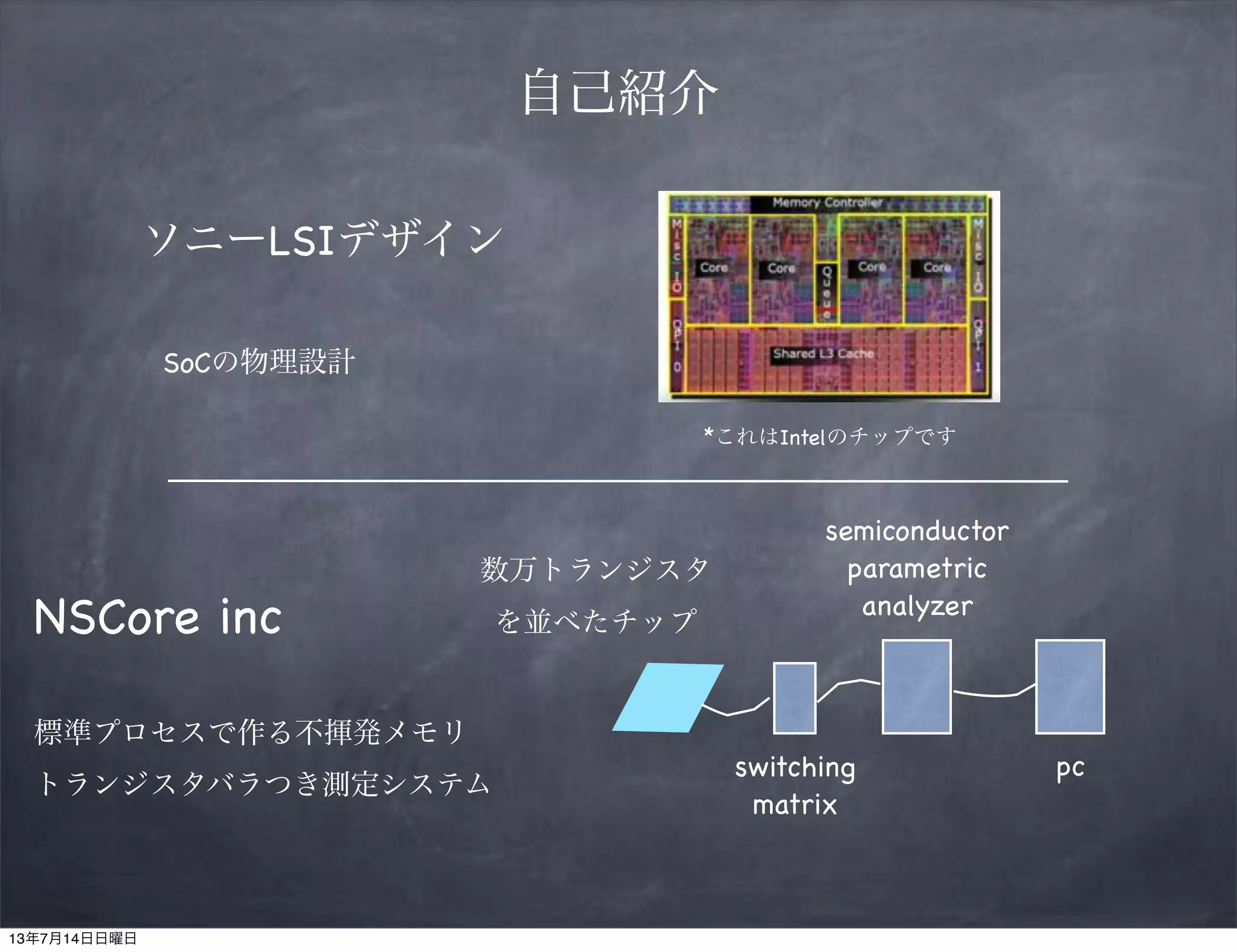 自己紹介
ソニーLSIデザイン
SoCの物理設計
*これはIntelのチップです
NSCore inc
標準プロセスで作る不揮発メモリ
トランジスタバラつき測定システム
数万トランジスタ
を並べたチップ
switching
matrix
semiconductor
parametric
analyzer
pc
13年7月14日日曜日
 