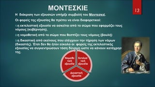 ΜΟΝΤΕΣΚΙΕ
Η διάκριση των εξουσιών υπήρξε συμβολή του Μοντεσκιέ.
Οι φορείς της εξουσίας θα πρέπει να είναι διαφορετικοί:
1.η εκτελεστική εξουσία να ασκείται από το σώμα που εφαρμόζει τους
νόμους (κυβέρνηση),
2.η νομοθετική από το σώμα που θεσπίζει τους νόμους (βουλή)
3.η δικαστική από εκείνους που ελέγχουν την τήρηση των νόμων
(δικαστές). Έτσι δεν θα ήταν εύκολο οι φορείς της εκτελεστικής
εξουσίας να συγκεντρώσουν τόση δύναμη ώστε να κάνουν κατάχρησή
της.
13
 