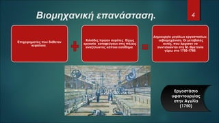 Βιομηχανική επανάσταση.
Επιχειρηματίες που διέθεταν
κεφάλαια.
Χιλιάδες πρώην αγρότες δίχως
εργασία καταφεύγουν στις πόλεις
αναζητώντας κάποιο εισόδημα.
Δημιουργία μεγάλων εργοστασίων,
εκβιομηχάνιση. Οι μεταβολές
αυτές, που άρχισαν να
συντελούνται στη Μ. Βρετανία
γύρω στα 1750-1780.
4
Εργοστάσιο
υφαντουργίας
στην Αγγλία
(1750)
Εργοστάσιο
υφαντουργίας
στην Αγγλία
(1750)
 