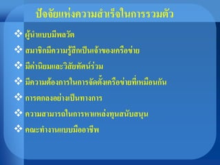 ปัจจัยแห่งความสาเร็จในการรวมตัว
 ผู้นาแบบมีพลวัต
 สมาชิกมีความรู้สึกเป็นเจ้าของเครือข่าย
 มีค่านิยมและวิสัยทัศน์ร่วม
 มีความต้องการในการจัดตั้งเครือข่ายที่เหมือนกัน
 การตกลงอย่างเป็นทางการ
 ความสามารถในการหาแหล่งทุนสนับสนุน
 คณะทางานแบบมืออาชีพ
 