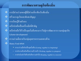 การพัฒนาเศรษฐกิจท้องถิ่น
 การมีส่วนร่วมของผู้ที่มีส่วนเกี่ยวข้องในท้องถิ่น
 สร้างแรงจูงใจและพันธะสัญญา
 การเรียนรู้ด้วยตัวเอง
 เครือข่ายถือเป็นเครื่องมือที่สาคัญ
 เครือข่ายถือได้ว่าเป็นจุดเริ่มต้นของการไปสู่การพัฒนาการรวมกลุ่มธุรกิจ
(cluster development)
 ความร่วมมือภายในกลุ่มอุตสาหกรรมเฉพาะด้าน
 Henry Ford เสนอ
• การมาร่วมมือกันเป็นจุดเริ่มต้น (Coming together is a beginning)
• การทางานด้วยกันเป็นความก้าวหน้า (Working together is a progress)
• การดาเนินต่อไปด้วยกันคือความสาเร็จ (Keeping together is a success)
 