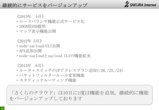16
「さくらのクラウド」は10日に1度は機能を追加。継続的に機能
をバージョンアップしております
《2013年 4月》
・ロードバランサ機能正式サービス化
・20GB用SSD提供
・マップ表示機能公開
《2012年 5月》
・node-sacloud/CLI公開
・API追加公開
・node-sacloudとsacloud CLIの機能拡充
《2013年 6月》
・ルータ＋スイッチのIPアドレスプラン追加(/26,/25,/24)
・パケットフィルタールール変更機能
・スタティックルーティング機能
 