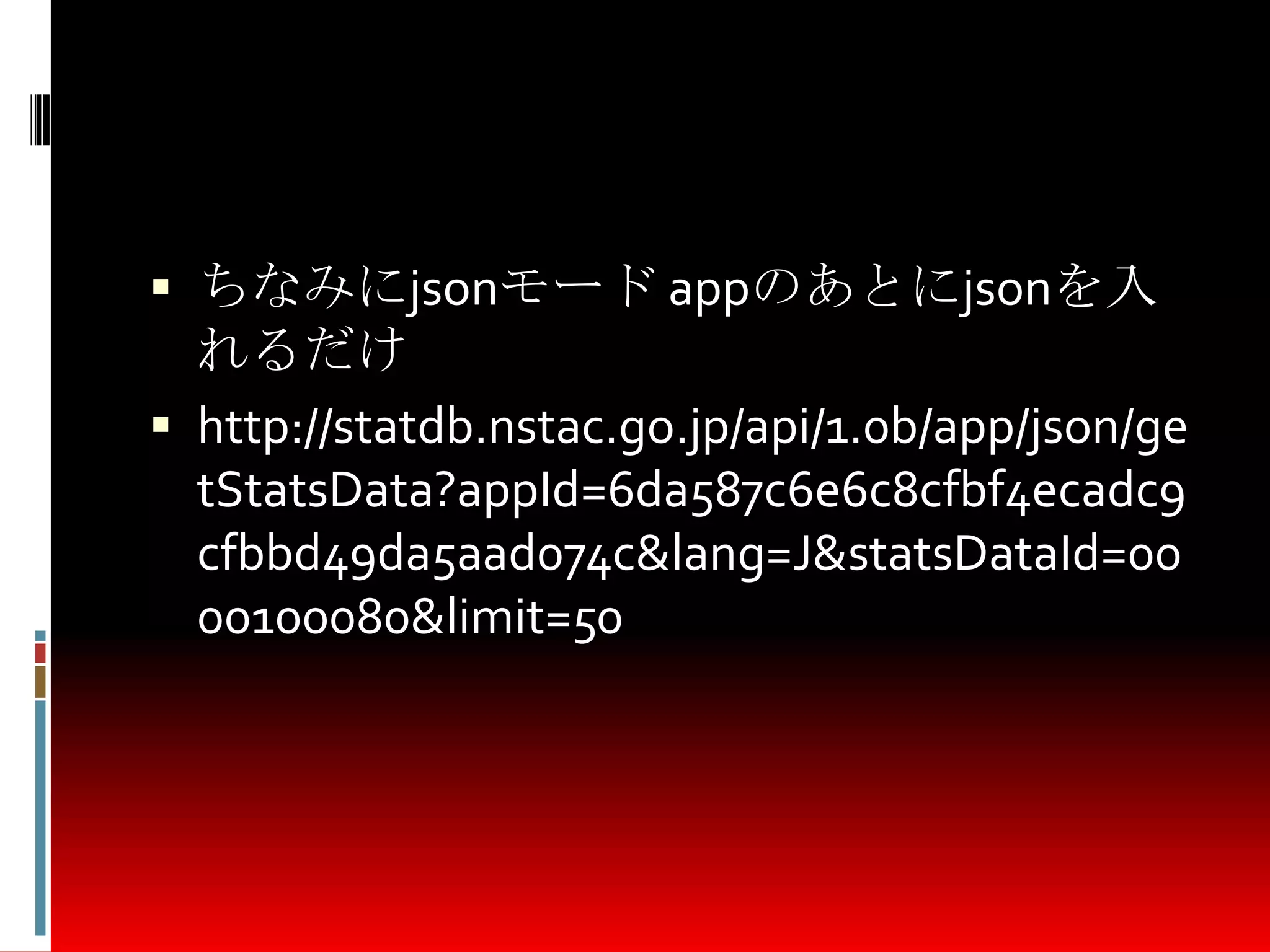  ちなみにjsonモード appのあとにjsonを入
れるだけ
 http://statdb.nstac.go.jp/api/1.0b/app/json/ge
tStatsData?appId=6da587c6e6c8cfbf4ecadc9
cfbbd49da5aad074c&lang=J&statsDataId=00
00100080&limit=50
 