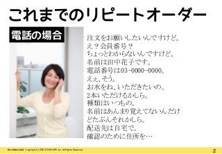 2【Confidential】Copyright (C) CREATIVEHOPE,Inc. All Rights Reserved.
これまでのリピートオーダー
注文をお願いしたいんですけど。
え？会員番号？
ちょっとわからないんですけど。
名前は田中花子です。
電話番号は03-0000-0000。
えぇ、そう。
お水をね、いただきたいの。
2本いただけるかしら。
種類はいつもの。
名前はあんまり覚えてないんだけ
どたぶんそれかしら。
配送先は自宅で。
確認のために住所を…
電話の場合
 