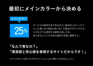 最初にメインカラーから決める
メインカラー
25％
サービスの意味を為す色なので、基本的にはハッキリ
とした濃い色（明度が低い色）が選ばれやすいですが、
ロゴなどでも使用する確率が高いため、
後々変えにくいため色の意味が非情に重要です。
「なんで青なの？」
「清潔感と安心感を表現するサイトだからです！」
メインカラーは作ったデザイナーにしっかり聞いておきましょう。
 