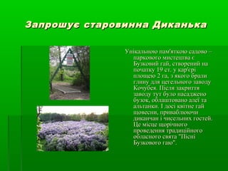 Запрошує старовинна ДиканькаЗапрошує старовинна Диканька
Унікальною пам'яткою садово –Унікальною пам'яткою садово –
паркового мистецтва єпаркового мистецтва є
Бузковий гай, створений наБузковий гай, створений на
початку 19 ст. у кар'єріпочатку 19 ст. у кар'єрі
площею 2 га, з якого бралиплощею 2 га, з якого брали
глину для цегельного заводуглину для цегельного заводу
Кочубея. Після закриттяКочубея. Після закриття
заводу тут було насадженозаводу тут було насаджено
бузок, облаштовано алеї табузок, облаштовано алеї та
альтанки. І досі квітне гайальтанки. І досі квітне гай
щовесни, приваблюючищовесни, приваблюючи
диканчан і чисельних гостей.диканчан і чисельних гостей.
Це місце щорічногоЦе місце щорічного
проведення традиційногопроведення традиційного
обласного свята "Пісніобласного свята "Пісні
Бузкового гаю".Бузкового гаю".
 