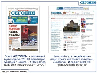 Новостной портал segodnya.ua –
лидер в рейтинге сайтов категории
«Новости» . Интернет- охват 8%
(gemiusAudience 02/2013)*
Газета «СЕГОДНЯ». - ежедневный
тираж порядка 120 000 экземпляров,
аудитория 1 номера – 1 305 000 чел.
(TNS, MMI, Украина 2012/1 +2012/2 )
 