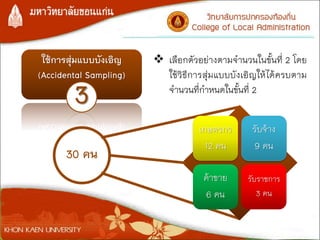 ใช้การสุ่มแบบบังเอิญ
(Accidental Sampling)
3
 เลือกตัวอย่างตามจานวนในขั้นที่ 2 โดย
ใช้วิธีการสุ่มแบบบังเอิญให้ได้ครบตาม
จานวนที่กาหนดในขั้นที่ 2
เกษตรกร
12 คน
รับจ้าง
9 คน
ค้าขาย
6 คน
รับราชการ
3 คน
30 คน
 