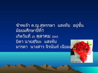 ข้าพเจ้า ด.ญ.สุพรรษา แสงทับ อยู่ชั้น
มัธยมศึกษาปีที่1
เกิดวันที่ 25 ตุลาคม 2543
บิดา นายสุริยะ แสงทับ
มารดา นางสาว จิรนันท์ เนียมอำ่า
 