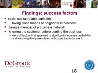 18
Findings: success factors
 social capital related variables:
 Having close friends or neighbors in business
 being a member of a business network
 knowing the customer before starting the business
 were all factors that appeared to significantly increase profitability,
and were negatively associated with project abandonment.
 