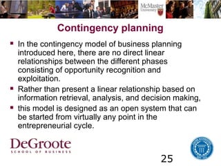 25
Contingency planning
 In the contingency model of business planning
introduced here, there are no direct linear
relationships between the different phases
consisting of opportunity recognition and
exploitation.
 Rather than present a linear relationship based on
information retrieval, analysis, and decision making,
 this model is designed as an open system that can
be started from virtually any point in the
entrepreneurial cycle.
 