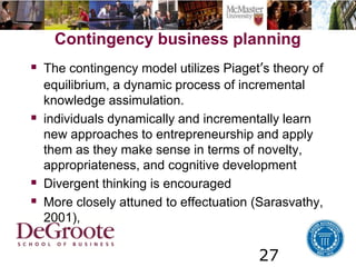 27
Contingency business planning
 The contingency model utilizes Piaget’s theory of
equilibrium, a dynamic process of incremental
knowledge assimulation.
 individuals dynamically and incrementally learn
new approaches to entrepreneurship and apply
them as they make sense in terms of novelty,
appropriateness, and cognitive development
 Divergent thinking is encouraged
 More closely attuned to effectuation (Sarasvathy,
2001),
 