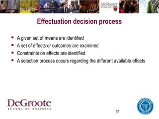 32
Effectuation decision process
 A given set of means are identified
 A set of effects or outcomes are examined
 Constraints on effects are identified
 A selection process occurs regarding the different available effects
 