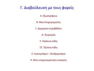 Γ. Διαβοφλευςθ με τουσ φορείσ
Α. Εξωςτρζφεια
Β. Νζοι Επιχειρθματίεσ
Γ. Δομθμζνο περιβάλλον
Δ. Σουριςμόσ
Ε. Πράςινθ πόλθ
΢Σ. Ζξυπνθ πόλθ
Η. Λιανεμπόριο – Χονδρεμπόριο
Θ. Νζεσ επιχειρθματικζσ ευκαιρίεσ
 