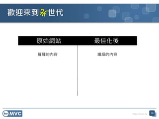 http://mvc.tw
歡迎來到 世代
15
最佳化後原始網站
臃腫的內容 纖細的內容
 