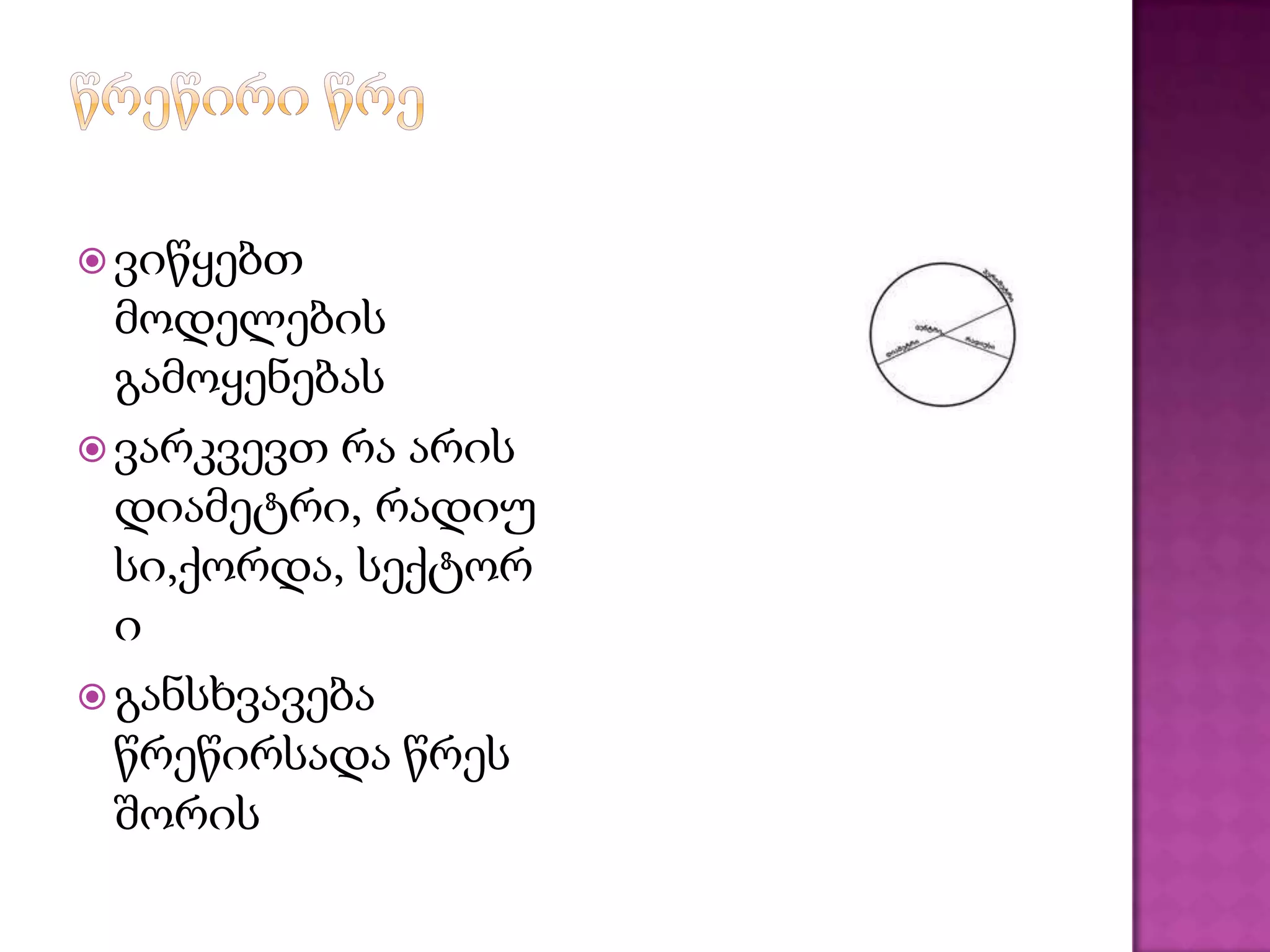  ვიწყებთ
მოდელების
გამოყენებას
 ვარკვევთ რა არის
დიამეტრი, რადიუ
სი,ქორდა, სექტორ
ი
 განსხვავება
წრეწირსადა წრეს
შორის
 