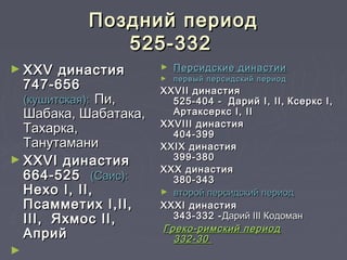 Поздний периодПоздний период
525-332525-332
► XXV династияXXV династия
747-656747-656
(кушитская):(кушитская): Пи,Пи,
Шабака, Шабатака,Шабака, Шабатака,
Тахарка,Тахарка,
ТанутаманиТанутамани
► XXVI династияXXVI династия
664-525664-525 (Саис):(Саис):
НехоНехо I, II,I, II,
Псамметих I,Псамметих I,II,II,
III,III, Яхмос IIЯхмос II,,
АприйАприй
►
► Персидские династииПерсидские династии
► первый персидский периодпервый персидский период
XXVII династияXXVII династия
525-404 -525-404 - Дарий I,Дарий I, II,II, Ксеркс I,Ксеркс I,
Артаксеркс I,Артаксеркс I, IIII
XXVIII династияXXVIII династия
404-399404-399
XXIX династияXXIX династия
399-380399-380
XXX династияXXX династия
380-343380-343
► второй персидский периодвторой персидский период
XXXI династияXXXI династия
343-332 -343-332 -Дарий III КодоманДарий III Кодоман
Греко-римский периодГреко-римский период
332-30332-30
 