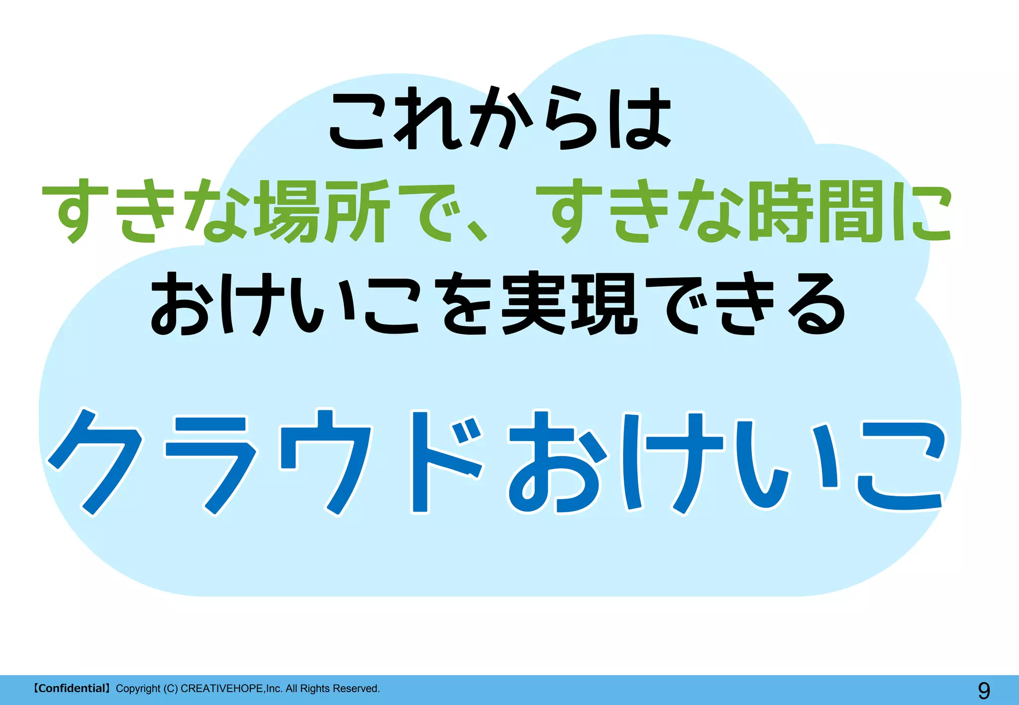 9【Confidential】Copyright (C) CREATIVEHOPE,Inc. All Rights Reserved.
これからは
すきな場所で、すきな時間に
おけいこを実現できる
 