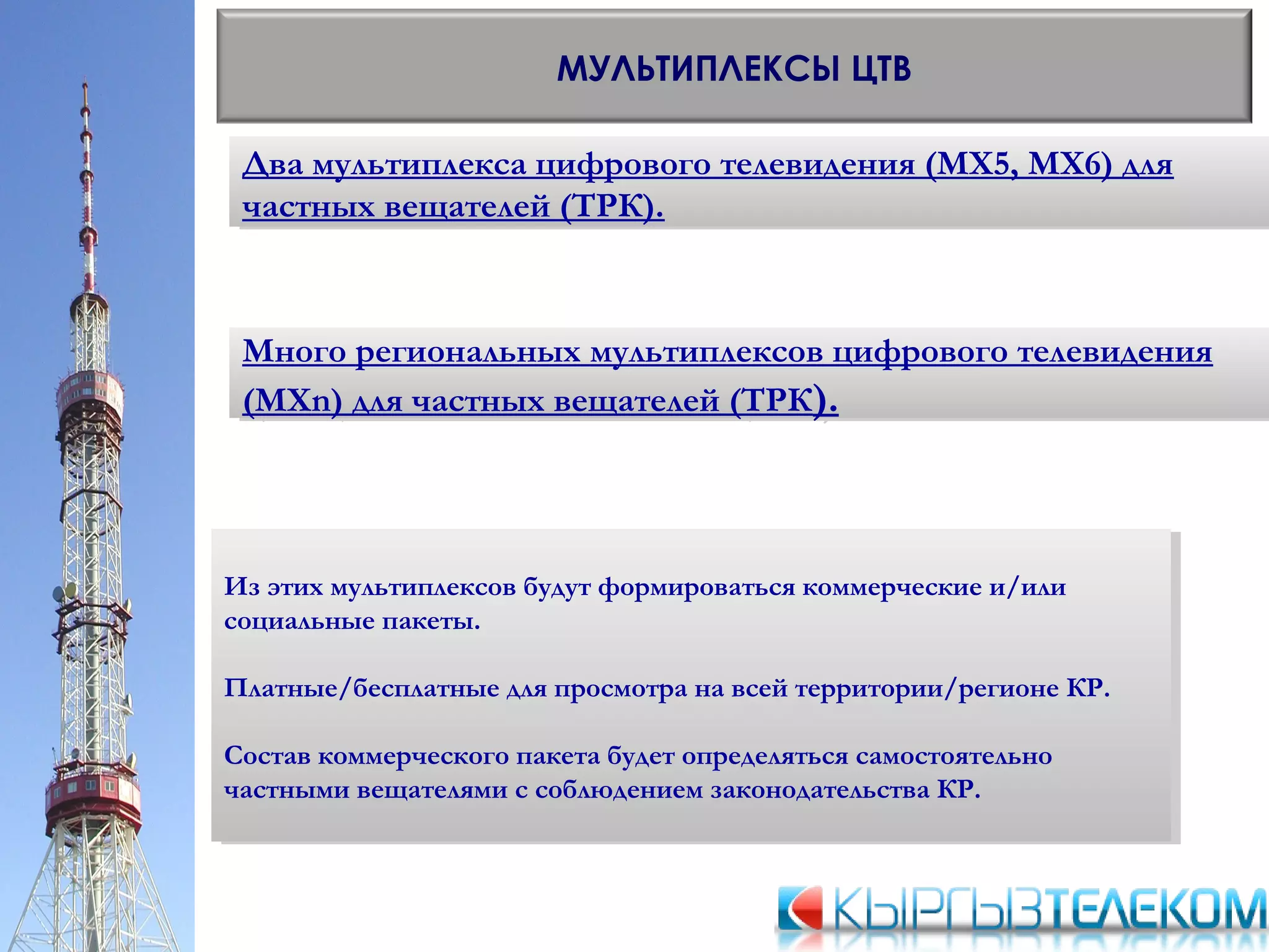 Два мультиплекса цифрового телевидения (МХ5, МХ6) для
частных вещателей (ТРК).
Два мультиплекса цифрового телевидения (МХ5, МХ6) для
частных вещателей (ТРК).
МУЛЬТИПЛЕКСЫ ЦТВ
Из этих мультиплексов будут формироваться коммерческие и/или
социальные пакеты.
Платные/бесплатные для просмотра на всей территории/регионе КР.
Состав коммерческого пакета будет определяться самостоятельно
частными вещателями с соблюдением законодательства КР.
Из этих мультиплексов будут формироваться коммерческие и/или
социальные пакеты.
Платные/бесплатные для просмотра на всей территории/регионе КР.
Состав коммерческого пакета будет определяться самостоятельно
частными вещателями с соблюдением законодательства КР.
Много региональных мультиплексов цифрового телевидения
(МХn) для частных вещателей (ТРК).
Много региональных мультиплексов цифрового телевидения
(МХn) для частных вещателей (ТРК).
 