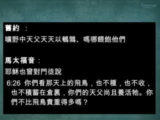 舊約 ：
曠野中天父天天以鵪鶉、嗎哪餵飽他們
馬太福音：
耶穌也曾對門徒說
6:26 你們看那天上的飛鳥，也不種，也不收，
也不積蓄在倉裏，你們的天父尚且養活牠。你
們不比飛鳥貴重得多嗎？
 