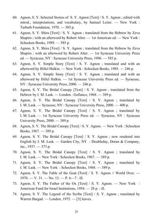 60. Agnon, S. Y. Selected Stories of S. Y. Agnon [Text] / S. Y. Agnon ; edited with
introd., interpretations, and vocabulary, by Samuel Leiter. — New York :
Tarbuth Foundation, 1970. — 303 p.
61. Agnon, S. Y. Shira [Text] / S. Y. Agnon ; translated from the Hebrew by Zeva
Shapiro ; with an afterword by Robert Alter. — 1st American ed. — New York :
Schocken Books, 1989. — 585 p.
62. Agnon, S. Y. Shira [Text] / S. Y. Agnon ; translated from the Hebrew by Zeva
Shapiro ; with an afterword by Robert Alter. — 1st Syracuse University Press
ed. — Syracuse, NY : Syracuse University Press, 1996. — 585 p.
63. Agnon, S. Y. Simple Story [Text] / S. Y. Agnon ; translated and with an
afterword by Hillel Halkin. — New York : Schocken Books, 1985. — 246 p.
64. Agnon, S. Y. Simple Story [Text] / S. Y. Agnon ; translated and with an
afterword by Hillel Halkin. — 1st Syracuse University Press ed. — Syracuse,
NY : Syracuse University Press, 2000. — 246 p.
65. Agnon, S. Y. The Bridal Canopy [Text] / S. Y. Agnon ; translated from the
Hebrew by I. M. Lask. — London : Gollancz, 1968. — 389 p.
66. Agnon, S. Y. The Bridal Canopy [Text] / S. Y. Agnon ; translated by
I. M. Lask. — Syracuse, NY : Syracuse University Press, 2000. — 400 p.
67. Agnon, S. Y. The Bridal Canopy [Text] / S. Y. Agnon ; translated by
I. M. Lask. — 1st Syracuse University Press ed. — Syracuse, NY : Syracuse
University Press, 2000. — 389 p.
68. Agnon, S. Y. The Bridal Canopy [Text] / S. Y. Agnon. — New York : Schocken
Books, 1967. — 389 p.
69. Agnon, S. Y. The Bridal Canopy [Text] / S. Y. Agnon ; now rendered into
English by I. M. Lask. — Garden City, NY : Doubleday, Doran & Company,
inc., 1937. — 373 p.
70. Agnon, S. Y. The Bridal Canopy [Text] / S. Y. Agnon ; translated by
I. M. Lask. — New York : Schocken Books, 1967. — 389 p.
71. Agnon, S. Y. The Bridal Canopy [Text] / S. Y. Agnon ; translated by
I. M. Lask. — New York : Schocken Books, 1968. — 389 p.
72. Agnon, S. Y. The Fable of the Goat [Text] / S. Y. Agnon // World Over. —
1970. — V. 31. — No. 13. — P. 6—7 : ill.
73. Agnon, S. Y. The Father of the Ox [Text] / S. Y. Agnon. — New York :
American Fund for Israel Institutions, 1954. — 28 p. : ill.
74. Agnon, S. Y. The Legend of the Scribe [Text] / S. Y. Agnon ; translated by
Warren Bargad. — London, 1975. — [3] leaves.
25
 
