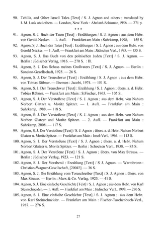 90. Tehilla, and Other Israeli Tales [Text] / S. J. Agnon and others ; translated by
I. M. Lask and others. — London, New York : Abelard-Schuman,1956. — 271 p.
* * *
91. Agnon, S. J. Buch der Taten [Text] : Erzählungen / S. J. Agnon ; aus dem Hebr.
von Gerold Necker. — 1. Aufl. — Frankfurt am Main : Suhrkamp, 1998. — 155 S.
92. Agnon, S. J. Buch der Taten [Text] : Erzählungen / S. J. Agnon ; aus dem Hebr. von
Gerold Necker. — 1. Aufl. — Frankfurt am Main : Jüdischer Verl., 1995. — 155 S.
93. Agnon, S. J. Das Buch von den polnischen Juden [Text] / S. J. Agnon. —
Berlin : Judischer Verlag, 1916. — 270 S.̈ : Ill.
94. Agnon, S. J. Das Schass meines Großvaters [Text] / S. J. Agnon. — Berlin :
Soncino-Gesellschaft, 1925. — 26 S.
95. Agnon, S. J. Der Treuschwur [Text] : Erzählung / S. J. Agnon ; aus dem Hebr.
von Tobias Rübner. — Bremen : Jacobi, 1974. — 151 S.
96. Agnon, S. J. Der Treuschwur [Text] : Erzählung / S. J. Agnon ; übers. a. d. Hebr.
Tobias Rübner. — Frankfurt am Main : S.Fischer, 1965. — 105 S.
97. Agnon, S. J. Der Verstoßene [Text] / S. J. Agnon ; aus dem Hebr. von Nahum
Norbert Glatzer u. Moritz Spitzer. — 1. Aufl. — Frankfurt am Main :
Suhrkamp, 1988. — 118 S.
98. Agnon, S. J. Der Verstoßene [Text] / S. J. Agnon ; aus dem Hebr. von Nahum
Norbert Glatzer und Moritz Spitzer. — 2. Aufl. — Frankfurt am Main :
Suhrkamp, 2008. — 117 S.
99. Agnon, S. J. Der Verstoßene [Text] / S. J. Agnon ; übers. a. d. Hebr. Nahum Norbert
Glatzer u. Moritz Spitzer. — Frankfurt am Main : Insel-Verl., 1964. — 113 S.
100. Agnon, S. J. Der Verstoßene [Text] / S. J. Agnon ; übers. a. d. Hebr. Nahum
Norbert Glatzer u. Moritz Spitzer. — Berlin : Schocken Verl., 1938. — 83 S.
101. Agnon, S. J. Der Verstßene [Text] / S. J. Agnon ; übers. von Max Strauss. —
Berlin : Jüdischer Verlag, 1923. — 121 S.
102. Agnon, S. J. Der Vorabend : Erzahlung [Text] / S J. Agnon. — Warmbronn :
Christian-Wagner-Gesellschaft, [2004?]. — 36 S.
103. Agnon, S. J. Die Erzählung vom Toraschreiber [Text] / S. J. Agnon ; übers. von
Max Strauss. — Berlin : Marx & Co. Verlag, 1923. — 41 S.
104. Agnon, S. J. Eine einfache Geschichte [Text] / S. J. Agnon ; aus dem Hebr. von Karl
Steinschneider. — 1. Aufl. — Frankfurt am Main : Jüdischer Verl., 1998. — 276 S.
105. Agnon, S. J. Eine einfache Geschichte [Text] / S. J. Agnon ; aus dem Hebr.
von Karl Steinschneider. — Frankfurt am Main : Fischer-Taschenbuch-Verl.,
1987. — 276 S.
27
 