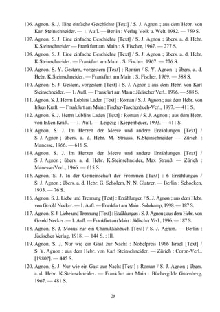 106. Agnon, S. J. Eine einfache Geschichte [Text] / S. J. Agnon ; aus dem Hebr. von
Karl Steinschneider. — 1. Aufl. — Berlin : Verlag Volk u. Welt, 1982. — 759 S.
107. Agnon, S. J. Eine einfache Geschichte [Text] / S. J. Agnon ; übers. a. d. Hebr.
K.Steinschneider — Frankfurt am Main : S. Fischer, 1967. — 277 S.
108. Agnon, S. J. Eine einfache Geschichte [Text] / S. J. Agnon ; übers. a. d. Hebr.
K.Steinschneider. — Frankfurt am Main : S. Fischer, 1967. — 276 S.
109. Agnon, S. Y. Gestern, vorgestern [Text] : Roman / S. Y. Agnon ; übers. a. d.
Hebr. K.Steinschneider. — Frankfurt am Main : S. Fischer, 1969. — 588 S.
110. Agnon, S. J. Gestern, vorgestern [Text] / S. J. Agnon ; aus dem Hebr. von Karl
Steinschneider. — 1. Aufl. — Frankfurt am Main : Jüdischer Verl., 1996. — 588 S.
111. Agnon, S. J. Herrn Lublins Laden [Text] : Roman / S. J. Agnon ; aus dem Hebr. von
Inken Kraft. — Frankfurt am Main : Fischer-Taschenbuch-Verl., 1997. — 411 S.
112. Agnon, S. J. Herrn Lublins Laden [Text] : Roman / S. J. Agnon ; aus dem Hebr.
von Inken Kraft. — 1. Aufl. — Leipzig : Kiepenheuer, 1993. — 411 S.
113. Agnon, S. J. Im Herzen der Meere und andere Erzählungen [Text] /
S. J. Agnon ; übers. a. d. Hebr. M. Strauss, K.Steinschneider — Zürich :
Manesse, 1966. — 616 S.
114. Agnon, S. J. Im Herzen der Meere und andere Erzählungen [Text] /
S. J. Agnon ; übers. a. d. Hebr. K.Steinschneider, Max Strauß. — Zürich :
Manesse-Verl., 1966. — 615 S.
115. Agnon, S. J. In der Gemeinschaft der Frommen [Text] : 6 Erzählungen /
S. J. Agnon ; übers. a. d. Hebr. G. Scholem, N. N. Glatzer. — Berlin : Schocken,
1933. — 76 S.
116. Agnon, S. J. Liebe und Trennung [Text] : Erzählungen / S. J. Agnon ; aus dem Hebr.
von Gerold Necker. — 1. Aufl. — Frankfurt am Main : Suhrkamp, 1998. — 187 S.
117. Agnon, S. J. Liebe und Trennung [Text] : Erzählungen / S. J. Agnon ; aus dem Hebr. von
Gerold Necker. — 1. Aufl. — Frankfurt am Main : Jüdischer Verl., 1996. — 187 S.
118. Agnon, S. J. Moaus zur ein Chanukkahbuch [Text] / S. J. Agnon. — Berlin :
Judischer Verlag, 1918. — 144 S.̈ : Ill.
119. Agnon, S. J. Nur wie ein Gast zur Nacht : Nobelpreis 1966 Israel [Text] /
S. Y. Agnon ; aus dem Hebr. von Karl Steinschneider. — Zürich : Coron-Verl.,
[1980?]. — 445 S.
120. Agnon, S. J. Nur wie ein Gast zur Nacht [Text] : Roman / S. J. Agnon ; übers.
a. d. Hebr. K.Steinschneider. — Frankfurt am Main : Büchergilde Gutenberg,
1967. — 481 S.
28
 