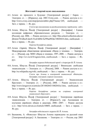 Життєвий і творчий шлях письменника
413. Агнон: из прошлого в будущее [Электронный ресурс] / Евреи. —
Электрон. ст. — [Израиль], cop. 2001 Evrey.com . — Режим доступа к ст.:
http://www.evrey.com/sitep/person/arkhiv.php3?menu=245, свободный. —
Загл. с экрана. — Яз. рус.
Стаття про письменника на російськомовному єврейському сайті.
414. Агнон, Шмуэль Йосеф [Электронный ресурс] : [биография] / Единая
коллекция цифровых образовательных ресурсов. — Электрон. ст. —
[Россия], cop. 2006. — Режим доступа к ст.: http://files.school-collection.edu.ru/
dlrstore/761d6ec8-dec0-31cd-8d9d-5a399aa983dc/1002843A.htm, свободный. —
Загл. с экрана. — Яз. рус.
Коротка біографічна довідка.
415. Агнон (Agnon), Шмуэль Йосеф [Электронный ресурс] : [биография] /
Международная общественная организация «Наука и техника». — Электрон.
ст. — [Россия], cop. МОО «Наука и техника», 1997...2008. — Режим доступа к
ст.: http://n-t.ru/nl/lt/agnon.htm, свободный. — Загл. с экрана. — Яз.
рус.
Біографія лауреата Нобелівської премії з літератури Ш. Й. Агнона.
416. Агнон, Шмуэль Йосеф [Электронный ресурс] / Википедия: свободная
энциклопедия. — Электрон. ст. — [Россия], 2008. — Режим доступа к ст.:
http://ru.wikipedia.org/wiki, свободный. — Загл. с экрана. — Яз. рус.
Стаття про Агнона в електронній енциклопедії «Вікіпедія».
Біографія, ілюстрації, корисні посилання.
417. Агнон, Шмуэль Йосеф [Электронный ресурс] / Энциклопедия
Кругосвет. — Электрон. ст. — [Россия], 2008. — Режим доступа к ст.:
http://www.krugosvet.ru/articles/28/1002843/1002843a1.htm, свободный. —
Загл. с экрана. — Яз. рус.
Коротка біографічна довідка на сторінках електронної
енциклопедії «Кругосвіт».
418. Агнон Шмуэль Йосеф [Электронный ресурс] / Электронная еврейская
энциклопедия. — Электрон. ст. — [Израиль?], cop. Ассоциация по
изучению еврейских общин в диаспоре, 2006—2007. — Режим доступа
к ст.: http://www.eleven.co.il/article/10069, свободный. — Загл. с экрана. —
Яз. рус.
Біографія нобелівського лауреата Ш. Й. Агнона.
419. Баскакова, А. «Новеллы» Шмуэля Агнона переведены на русский язык
[Электронный ресурс] / А. Баскакова. — Электрон. ст. — Россия, cop. 2003
57
 