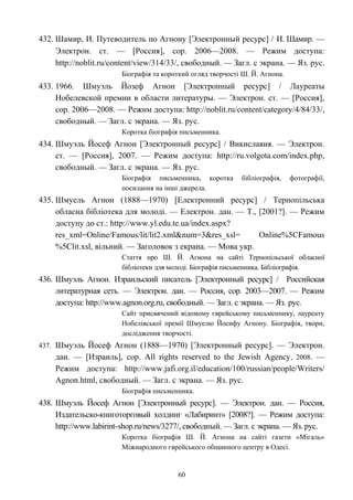 432. Шамир, И. Путeводитель по Агнону [Электронный ресурс] / И. Шамир. —
Электрон. ст. — [Россия], cop. 2006—2008. — Режим доступа:
http://noblit.ru/content/view/314/33/, свободный. — Загл. с экрана. — Яз. рус.
Біографія та короткий огляд творчості Ш. Й. Агнона.
433. 1966. Шмуэль Йозеф Агнон [Электронный ресурс] / Лауреаты
Нобелевской премии в области литературы. — Электрон. ст. — [Россия],
cop. 2006—2008. — Режим доступа: http://noblit.ru/content/category/4/84/33/,
свободный. — Загл. с экрана. — Яз. рус.
Коротка біографія письменника.
434. Шмуэль Йосеф Агнон [Электронный ресурс] / Викиславия. — Электрон.
ст. — [Россия], 2007. — Режим доступа: http://ru.volgota.com/index.php,
свободный. — Загл. с экрана. — Яз. рус.
Біографія письменника, коротка бібліографія, фотографії,
посилання на інші джерела.
435. Шмуель Агнон (1888—1970) [Електронний ресурс] / Тернопільська
обласна бібліотека для молоді. — Електрон. дан. — Т., [2001?]. — Режим
доступу до ст.: http://www.yl.edu.te.ua/index.aspx?
res_xml=Online/Famous/lit/lit2.xml&num=3&res_xsl= Online%5CFamous
%5Clit.xsl, вільний. — Заголовок з екрана. — Мова укр.
Стаття про Ш. Й. Агнона на сайті Тернопільської обласної
бібліотеки для молоді. Біографія письменника. Бібліографія.
436. Шмуэль Агнон. Израильский писатель [Электронный ресурс] / Российская
литературная сеть. — Электрон. дан. — Россия, cop. 2003—2007. — Режим
доступа: http://www.agnon.org.ru, свободный. — Загл. с экрана. — Яз. рус.
Сайт присвячений відомому єврейському письменнику, лауреату
Нобелівської премії Шмуелю Йосифу Агнону. Біографія, твори,
дослідження творчості.
437. Шмуэль Йосеф Агнон (1888—1970) [Электронный ресурс]. — Электрон.
дан. — [Израиль], cop. All rights reserved to the Jewish Agency, 2008. —
Режим доступа: http://www.jafi.org.il/education/100/russian/people/Writers/
Agnon.html, свободный. — Загл. с экрана. — Яз. рус.
Біографія письменника.
438. Шмуэль Йосеф Агнон [Электронный ресурс]. — Электрон. дан. — Россия,
Издательско-книготорговый холдинг «Лабиринт» [2008?]. — Режим доступа:
http://www.labirint-shop.ru/news/3277/, свободный. — Загл. с экрана. — Яз. рус.
Коротка біографія Ш. Й. Агнона на сайті газети «Мігаль»
Міжнародного єврейського общинного центру в Одесі.
60
 