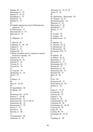 Бармак, М. · 31
Баскакова, А. · 57
Бергер, Е. · 31, 33
Боднарчук, І. · 31
Бубній П. · 33
Бубній, П. · 31
В
В Україні народилося шість Нобелівських
лауреатів · 33
В. Ніколаєнко · 37
Василевский, А. · 33
Вергелис А. · 33
Ґ
Ґ. Ліберман · 21
Г
Г. Шолем · 20
Габерман, А.—М. · 58
Гаврош О. · 33
Герциг, Х. · 31
Гершом Ш. · 31
Глибше пізнаймо життя і творчість нашого
видатного земляка · 34
Горелик, М. · 34
Гродецька, В. · 34
Гром'як, Р. · 34
Гутман, Н. · 31
Гуцуляк Д. · 34
Д
Д. Гуцуляк · 34
Денисенко, А. · 34
Дуда І · 33
Е
Е.Римон · 21
Ж
Жук, О. · 34, 48
И
И. Бадалбейли · 20
И. Орена · 20
К
Килимник, Ю. · 34, 58
Коваль, Г. · 34, 48
Ковальков Ю. · 35
Ковальков, Ю. · 34, 35, 48, 51
Ковальков, Ю. · 35
Ковалькова, Т. · 35
Коган, Г. · 31
Костюк С. · 35
Костюк, С. · 48
Л
Л.Аннинского · 20
Левченко, А. · 35
Левченко, О. · 32, 35, 36
Легка, Л. · 36
М
М. Довганчук—Хвостенко · 20
М. Хмурич · 22, 32
Малишевський І. · 36
Марчено, Л. · 52
Машталір, Л. · 36
Михайлів, Г. · 37
Мичко, С · 37
Н
Н. Гутман · 20
Н. Сперук · 34
Н. Файнгольда · 21
О
О. Бармак · 31
О. Ліскова · 22, 32
О. Мельничук · 35
О. Мельничук · 35
Остапенко Л.М · 37
П
П. Бубній · 20
П. Бубнія · 22, 32
Павлишин, Т. · 37
Панасенко А. · 37
Пелешенко, Ю. · 37
Петров, В. · 37
Пилипчук, О. · 59
Покальчук, Ю. · 51
Попович Ж. · 37
Прус, В. · 48
Р
Р.Туз · 20
Разуменко И. · 37
Решетников. К. · 58
Римон, Е. · 32
С
Сабін, С. · 32, 37
Сеньків М. · 38
Сеньків, М. · 37
Середа І. · 38
Сищук, О. · 38
Снітовський, О. · 49
Собуцька, В. · 49
Степаненко, О. · 38, 49
Степула, Н. · 59
Струс, В. · 38
Сулима, М. · 38
Сушкевич, В. · 32, 38
Т
Тадейчук, Є. · 49
66
 