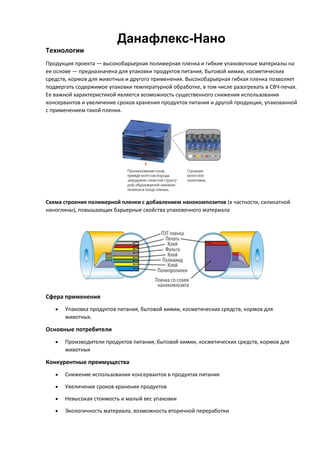 Данафлекс-Нано
Технологии
Продукция проекта — высокобарьерная полимерная пленка и гибкие упаковочные материалы на
ее основе — предназначена для упаковки продуктов питания, бытовой химии, косметических
средств, кормов для животных и другого применения. Высокобарьерная гибкая пленка позволяет
подвергать содержимое упаковки температурной обработке, в том числе разогревать в СВЧ-печах.
Ее важной характеристикой является возможность существенного снижения использования
консервантов и увеличение сроков хранения продуктов питания и другой продукции, упакованной
с применением такой пленки.
Схема строения полимерной пленки с добавлением нанокомпозитов (в частности, силикатной
наноглины), повышающих барьерные свойства упаковочного материала
Сфера применения
Упаковка продуктов питания, бытовой химии, косметических средств, кормов для
животных.
Основные потребители
Производители продуктов питания, бытовой химии, косметических средств, кормов для
животных
Конкурентные преимущества
Снижение использования консервантов в продуктах питания
Увеличение сроков хранения продуктов
Невысокая стоимость и малый вес упаковки
Экологичность материала, возможность вторичной переработки
 