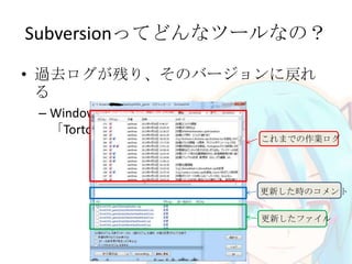 Subversionってどんなツールなの？
• 過去ログが残り、そのバージョンに戻れ
る
– Windows用クライアントソフト
「TortoiseSVN」
サーバー
これまでの作業ログ
更新した時のコメント
更新したファイル
 