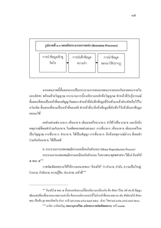 ๘๕
จากแผนภาพนี้ขั้นตอนแรกเป็นกระบวนการของอายตนะภายนอกกับอายตนะภายใน
และผัสสะ พร้อมด้วยวิญญาณ กระบวนการนี้องค์ธรรมหลักคือวิญญาณ ทาหน้าที่รับรู้อารมณ์
ขั้นตอนที่สองเป็นหน้าที่ของสัญญาโดยตรง ทาหน้าที่บันทึกข้อมูลที่รับเข้ามาแล้วทารหัสเก็บไว้ใน
ภวังคจิต ขั้นตอนที่สามเป็นหน้าที่ของสติ ทาหน้าที่ระลึกถึงข้อมูลที่บันทึกไว้แล้วดึงเอาข้อมูล
ออกมาใช้
ยกตัวอย่างเช่น นาย ก. เห็นนาย ข. เดินมาแต่ไกล นาย ก. จาได้ว่าเป็น นาย ข. และนึกถึง
เหตุการณ์ที่เคยทาร่วมกับนาย ข. ในอดีตหลายอย่างตามมา การที่นาย ก. เห็นนาย ข. เดินมาแต่ไกล
เป็นวิญญาณ การที่นาย ก. จานาย ข. ได้เป็นสัญญา การที่นาย ก. นึกถึงเหตุการณ์ต่างๆ ที่เคยทา
ร่วมกันกับนาย ข. ได้เป็นสติ
ค. กระบวนการแสดงพฤติกรรมเหมือนกับตัวแบบ (Motor Reproduction Process)
กระบวนการแสดงพฤติกรรมเหมือนกับตัวแบบ ในทางพระพุทธศาสนา ได้แก่ อินทรีย์
๕ พละ ๕๑๐๖
ราชบัณฑิตยสถานได้ให้ความหมายของ “อินทรีย์” ว่า อานาจ, กาลัง, ความเป็นใหญ่,
ร่างกาย, กาลังกาย, ความรู้สึก, ประสาท, หน้าที่๑๐๗
๑๐๖
อินทรีย์๕ พละ ๕ ทั้งสองหลักธรรมนี้มีองค์ธรรมเหมือนกัน คือ สัทธา วิริยะ สติ สมาธิ ปัญญา
เพียงแต่เปลี่ยนชื่อตามหมวดธรรมเท่านั้น คือเอาองค์ธรรมเหล่านี้ไม่นาหน้าชื่อหมวดธรรม เช่น สัทธินทรีย์สัทธา
พละ เป็นต้น ดูรายละเอียดใน ส.ม) .บาลี (๑๙/๔๗๑-๔๙๔/๑๑๗-๑๒๔ ,ส.ม) .ไทย (๑๙/๔๗๑-๔๙๔/๑๘๖-๒๐๐,
๑๐๗
มานิต มานิตเจริญ ,พจนานุกรมไทย ,ฉบับของราชบัณฑิตยสถาน, หน้า ๑๑๑๒.
รูปภาพที่ ๓.๑ แผนผังกระบวนการจดจา (Retention Processes)
การนาข้อมูลเข้าสู
จิตใจ
การบันทึกข้อมูล
ความจา
การนาข้อมูล
ออกมาให้ปรากฏ
 