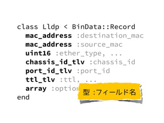 class Lldp < BinData::Record
mac_address :destination_mac
mac_address :source_mac
uint16 :ether_type, ...
chassis_id_tlv :chassis_id
port_id_tlv :port_id
ttl_tlv :ttl, ...
array :optional_tlv, ...
end
 :ե`
 