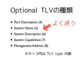 Optional TLVηN
? Port Description (4)
? System Name (5)
? System Description (6)
? System Capabilities (7)
? Management Address (8)
åڤ TLV type ΂
褯ʹ
 