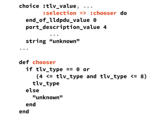 ??choice :tlv_value, ...
:selection => :chooser do
end_of_lldpdu_value 0
????port_description_value 4
...
string unknown
...
def chooser
????if tlv_type == 0 or
(4 <= tlv_type and tlv_type <= 8)
??????tlv_type
????else
??????"unknown"
????end
??end
 