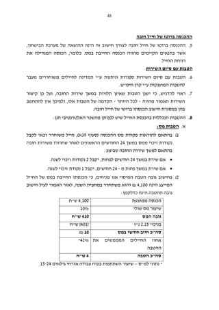 48
‫חובה‬ ‫חייל‬ ‫של‬ ‫ברוטו‬ ‫ההכנסה‬
5.‫הביטחון‬ ‫מערכת‬ ‫של‬ ‫ההוצאה‬ ‫הינה‬ ‫זה‬ ‫חישוב‬ ‫לצורך‬ ‫חובה‬ ‫חייל‬ ‫של‬ ‫ברוטו‬ ‫ההכנסה‬,
‫במס‬ ‫החייבת‬ ‫הכנסה‬ ‫מהווה‬ ‫הקיימים‬ ‫בתנאים‬ ‫אשר‬.‫כלומר‬,‫את‬ ‫המגדילה‬ ‫הכנסה‬
‫החייל‬ ‫רווחת‬.
‫השירות‬ ‫סיום‬ ‫עם‬ ‫הטבות‬
6.‫ה‬ ‫סיום‬ ‫עם‬ ‫הטבות‬‫שירות‬‫ו‬ ‫ספורות‬‫ע‬ ‫ניתנות‬"‫מעבר‬ ‫משוחררים‬ ‫לחיילים‬ ‫המדינה‬ ‫י‬
‫ע‬ ‫המוענקות‬ ‫להטבות‬"‫חימ‬ ‫קרן‬ ‫י‬"‫ש‬.
7.‫להדגיש‬ ‫ראוי‬,‫החובה‬ ‫שירות‬ ‫במשך‬ ‫תלויות‬ ‫שאינן‬ ‫הטבות‬ ‫ישנן‬ ‫כי‬,‫קיצור‬ ‫כן‬ ‫ועל‬
‫מהווה‬ ‫האמור‬ ‫השירות‬-‫היותר‬ ‫לכל‬-‫אלו‬ ‫הטבות‬ ‫של‬ ‫הקדמה‬,‫להתחשב‬ ‫אין‬ ‫ולפיכך‬
‫ברוטו‬ ‫הכנסתו‬ ‫חישוב‬ ‫במסגרת‬ ‫בהן‬‫חובה‬ ‫חייל‬ ‫של‬.
8.‫הנן‬ ‫האלטרנטיבי‬ ‫מהשכר‬ ‫לנכותן‬ ‫שיש‬ ‫החייל‬ ‫בהכנסת‬ ‫הנכללות‬ ‫ההטבות‬:
‫א‬.‫מס‬ ‫הטבות‬:
1(‫ההכנסה‬ ‫מס‬ ‫פקודת‬ ‫להוראות‬ ‫בהתאם‬)‫סעיף‬39‫א‬(,‫לקבל‬ ‫זכאי‬ ‫משוחרר‬ ‫חייל‬
‫במשך‬ ‫ממס‬ ‫זיכוי‬ ‫נקודות‬24‫חובה‬ ‫משירות‬ ‫שחרורו‬ ‫לאחר‬ ‫הראשונים‬ ‫החודשים‬
‫שביצע‬ ‫החובה‬ ‫שירות‬ ‫למשך‬ ‫בהתאם‬:
•‫ש‬ ‫אם‬‫י‬‫ב‬ ‫רת‬‫משך‬24‫לפחות‬ ‫חודשים‬,‫יקבל‬2‫לשנה‬ ‫זיכוי‬ ‫נקודות‬.
•‫ש‬ ‫אם‬‫י‬‫מ‬ ‫פחות‬ ‫במשך‬ ‫רת‬-24‫חודשים‬,‫יקבל‬1‫לשנה‬ ‫זיכוי‬ ‫נקודת‬.
2(‫מניחים‬ ‫אנו‬ ‫המיסוי‬ ‫הטבת‬ ‫גובה‬ ‫בחישוב‬,‫החייל‬ ‫של‬ ‫במס‬ ‫החייבת‬ ‫הכנסתו‬ ‫כי‬
‫הינה‬ ‫המייצג‬4,100₪‫השנה‬ ‫במחצית‬ ‫משתחרר‬ ‫והוא‬,‫חישוב‬ ‫לעיל‬ ‫האמור‬ ‫לאור‬
‫כד‬ ‫הינה‬ ‫ההטבה‬ ‫גובה‬‫לקמן‬:
‫ממוצעת‬ ‫הכנסה‬4,100‫ש‬"‫ח‬
‫שולי‬ ‫מס‬ ‫שיעור‬10%
‫המס‬ ‫גובה‬410‫ש‬"‫ח‬
‫בניכוי‬2.25‫נ‬"‫ז‬)401(‫ש‬"‫ח‬
‫סה‬"‫במס‬ ‫חודשי‬ ‫חיוב‬ ‫כ‬10₪
‫החיילים‬ ‫אחוז‬‫ה‬‫את‬ ‫מממשים‬
‫ההטבה‬
42%*
‫סה‬"‫הטבה‬ ‫כ‬4‫ש‬"‫ח‬
*‫למ‬ ‫נתוני‬"‫ס‬–‫גילאים‬ ‫אזרחי‬ ‫עבודה‬ ‫בכוח‬ ‫השתתפות‬ ‫שיעור‬15-24.
 