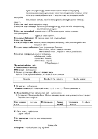 құндылықтары сіңіру,жаман мен жақсыны айыра білігу үйрету ,
оқушыларды повестің үзіндісмен таныстыра отырып,шығарманың негізгі
идеясы мен тақырыбын ажырату; мәнерлеп оқу дағдыларын өлеңнін
тақырыбы
бойынша ой қорыту, оқу мен жазу арқылы сын тұрғысынан ойлауды
дамыту.
Сабақтың типі: жаңа тақырыпы игерту
Сабақтың әдіс-тәсілдері: әңгімелесу,кесте құрастыру, өлең мәтіні н мәнерлеп оқу,
шығармашылық жұмыс
Сабақтың көрнекілігі: ақынның суреті, С.Бегалин туралы папка, ақынның
шығармаларына
тұратын кітап көрмесі.
Пәнаралық байланыс: ҚР тарихы, қазақ тілі, орыс әдебиеті
Сабақтың барысы:
Ұйымдастыру кезеңі: амандасу,кезекшілермен әңгімелесу,сабақтың тақырыбы мен
мақсатын айту.
Психологиялық дайындық: Мен жақсы адам боламын.
Әдептілікке,сыйластыққа ұмтыламын
Маған қажет білім. Өмірден өз орнымды табамын.
Сабақтың эпиграфы: Асыл сөзді іздесең,
Абайды оқы, ерінбе.
Адамдықты іздесең,
Жаттап тоқы көңілге.
(С.Торайғыров.)
Мұғалімнің кіріспе сөзі:
Үй тапсырмасын тексеру.
I.Ой қозғау – побуждение
1. Сынып оқушылары «Инсерт» стратегиясы
арқылы білімдерін қайталайды, жүйелейді,толықтырады.
Білемін Білдім бүгін сабақта Білгім келеді
I. Ой қозғау – побуждение.
«Ассоциация» стратегиясы арқылы көрсетуді талап ету. Поэзия разминкасы.
II. Жаңа тақырыптың мағынасын ашу – осмысление.
1. Оқушылар С.Бегалиннің «Бала Шоқан» таныса отырып, шығарма кестесін оқу,аудару
барысынды толтырады.
Шығарманы
ң аты
Авторы Кейіпкерлер Әрекет
жемісі
Мағынаға
мақал
Өз ойым
III.Ой – толғау – рефлексия
1.Сұрақ –жауап.
Үйге тапсырма: сұрақтар мен тапсырмалар.
Бағалау.
Сабақ - 24
Тақырып : Тоқсандық бақылау жұмысы.
 