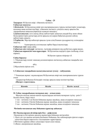 Сабақ – 25
Тақырып: М.Әуезов өмірі. «Әжемнің әңгімесі».
Сабақтың мақсаты:
1.Білімділік: М.Әуезовтың өмірі мен шығармашылығы туралы мәліметтерін толықтыру,
қосымша жаңа мәліметтер беру, «Әжемнің әңгімесі» үзіндісін оқыту арқылы бас
тақырыбының маңызын,көркемдік идеясын меңгерту;
2.Дамытушылық: есте сақтау,ойлау қабілеттерін дамытып,тыңдай білу және оймен
бөлісуәрекеттерін ұштастыру,мәтін арқылы сөз қорын байытып,ауызекі сөйлеу
қабілеттерін дамыту;
3.Тәрбиелік: Мұхтар еңбектері арқылы туған елін,Отанын сүю,құрметтеу сезімдеріне
әсер ету.
Адамгершілік,эстетикалық тәрбие беруді жалғастыру.
Сабақтың типі: жаңа сабақ
Сабақтың әдіс-тәсілдері: әңгімелеу, түсіндіру,мәнерлеп оқу,сұхбаттасу,сұрақ-жауап,
Сабақтың көрнекілігі мен құралдары: М.Әуезовтың портреті,тірек сызбалар, кітап
көрмесі,
М.Әуезов туралы пікірлер т.б.
Сабақ барысы:
1. Ұйымдастыру кезеңі: амандасу,кезекшілермен әңгімелесу,сабақтың тақырыбы мен
мақсатын
айту.
2.Мұғалімнің кіріспе сөзі.
I. Сабақтың тақырыбына қызығушылығын туғызу – побуждение.
* Ұжымдық жұмыс: оқушылардың М.Әуезовтың өмірі мен шығармашылығы туралы
өткен
тақырыптар бойынша білімдерін тексеру арқылы жаңа мәліметтер беру.
«Инсерт» стратегиясы.
Білемін Білдім Білгім келеді
II. Сабақ тақырыбының мазмұнын ашу – осмысление.
Мұғалім мәтінде шағын-шағын оқушылардың мәтіннің мазмұнын түсіну үшін 3
бөлімге бөліп, беруі тиісті.
1 топ – мәтіннің 1-ші бөлімі бойынша жұмыс жасайды, жаңа сөздермен танысады
2 топ – мәтіннің 2 бөлімі бойынша жұмыс жасайды, жаңа сөздермен танысады
3 топ – мәтіннің 3 бөлімі бойынша жұмыс жасайды, жаңа сөздермен танысады
Мәтіннің мағынасын ашу бойынша сұрақтар дайындау
III. Оқушылардың ой-пікірлерін білу – рефлексия
Оқушылар өз беттерімен жасаған жұмыстары бойынша әңгімелейді.
1. Бүкіл үш топ оқыған мәтіннің бөлімшесі бойынша, бас кейіпкерлерін іріктеп оларға
сипаттама беруін көрсететін «Ассоциация» құрастырады.
2.Мәтіннен сұраққа сәйкес үзінділерді тауып алып оқиды.
3.«Венн» диаграммасын жасайды.
 