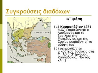 Συγκρούσεις διαδόχων
Β΄ φάση
(α) Κουροπέδιον (281
π.Χ.): σκοτώνεται ο
Λυσίμαχος και τα
βασίλεια της
Μακεδονίας και της
Συρίας μοιράζονται τα
εδάφη του
(β) σχηματίζονται
μικρότερα βασίλεια στη
Μ. Ασία (Πέργαμος,
Καππαδοκία, Πόντος
κλπ.)
 
