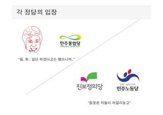 각 정당의 입장
“잘못은 지들이 저질러놓고”
“음, 뭐.. 일단 하겠다고는 했으니까..”
 