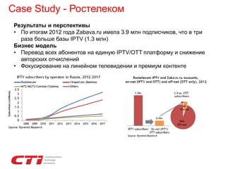 Case Study - Ростелеком
Результаты и перспективы
• По итогам 2012 года Zabava.ru имела 3.9 млн подписчиков, что в три
раза больше базы IPTV (1.3 млн)
Бизнес модель
• Перевод всех абонентов на единую IPTV/OTT платформу и снижение
авторских отчислений
• Фокусирование на линейном телевидении и премиум контенте
 