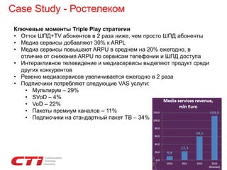 Case Study - Ростелеком
Ключевые моменты Triple Play стратегии
• Отток ШПД+TV абонентов в 2 раза ниже, чем просто ШПД абоненты
• Медиа сервисы добавляют 30% к ARPL
• Медиа сервисы повышают ARPU в среднем на 20% ежегодно, в
отличие от снижения ARPU по сервисам телефонии и ШПД доступа
• Интерактивное телевидение и медиасервисы выделяют продукт среди
других конкурентов
• Ревеню медиасервисов увеличивается ежегодно в 2 раза
• Подписчики потребляют следующие VAS услуги:
• Мультирум – 29%
• SVoD – 4%
• VoD – 22%
• Пакеты премиум каналов – 11%
• Подписчики на стандартный пакет ТВ – 34%
 
