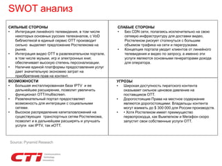 SWOT анализ
СИЛЬНЫЕ СТОРОНЫ
• Интеграция линейного телевидения, в том числе
некоторых основных русских телеканалов, с VoD
библиотекой в единый сервис OTT производит
сильно выделяет предложение Ростелекома на
рынке.
• Интеграция видео OTT в развлекательном портале,
в том числе музыки, игр и электронных книг,
обеспечивает высокую степень персонализации.
• Наличие единой платформы предоставления услуг
дает значительную экономию затрат на
приобретение прав на контент.
СЛАБЫЕ СТОРОНЫ
• Без CDN сети, полагаясь исключительно на свою
сетевую инфраструктуру для доставки видео,
Ростелеком рискует столкнуться с большим
объемом трафика на сети и перегрузками.
• Концепция портала уводит клиентов от линейного
телевидения и видео по запросу, а именно эти
услуги являются основными генераторами дохода
для оператора.
ВОЗМОЖНОСТИ
• Большая инсталлированная база IPTV и ее
дальнейшее расширение, позволит увеличить
функционал OTT/multiscreen.
• Развлекательный портал предоставляет
возможность для интеграции с социальными
сетями.
• Высокое распределение капиталовложений на
существующих транспортных сетям Ростелекома,
позволит и в дальнейшем расширять и улучшать
услуги как IPTV, так иOTT.
УГРОЗЫ
• Широкая доступность пиратского контента
оказывает сильное ценовое давление на
поставщиков OTT.
• Дорогостоящие Права на местное содержание
являются дорогостоящими: Владельцы контента
могут взимать до $ 300 000 для России производств.
• • Хотя Ростелеком имеет преимущество
первопроходца, как Вымпелком и Мегафон скоро
запустит свои собственные услуги OTT.
Source: Pyramid Reseach
 